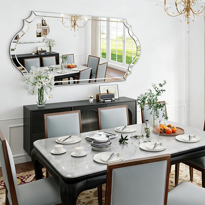 Chende Double Arch 59"x30" Frameless Beveled Decorative Wall Mirror, Elegant Large Living Room Mirror with Solid Wood Backboard, Horizontal Vertical Hanging for Entryway Bathroom Dining Room, Unique