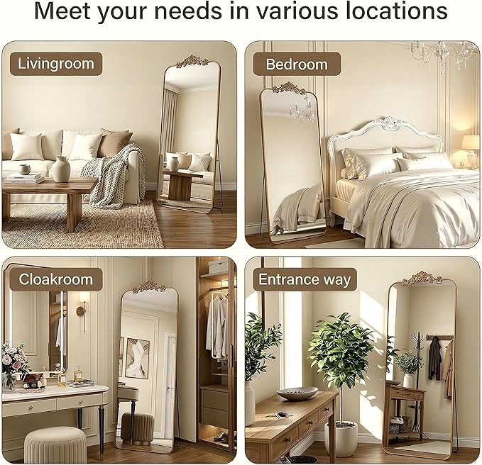 Antok Arched Full Length Mirror, 81"x41" Floor Mirror with Carved, Full Body Mirrors for HomeDecor, Standing/Halling Large Wall Mirror for Bedroom, Living Room, Cloakroom, Bronze, Ornate Style
