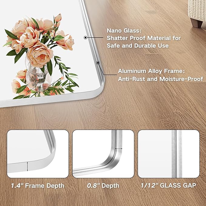 Bathroom Mirror Wall - 30x36 Inch Silver Framed Rectangular Mirror for Bathroom Over Sink, Brushed Metal Frame Mirror for Restroom, Entryway