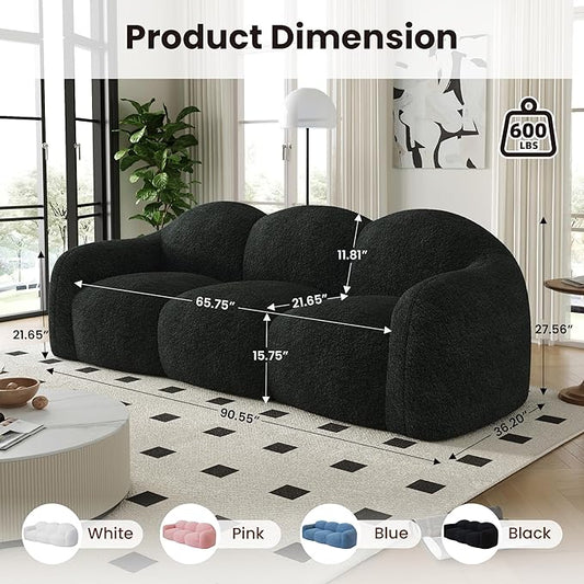 90" Modern Teddy Velvet Sofa Couch – One-Piece Memory Foam 3-Seater Sofa with Rounded Arms, Soft & Cozy Upholstery for Living Room