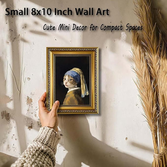 YD&YZY Gold Framed Funny Cat Wall Art Canvas Girl with a Pearl Earring Cat Wall Decor Unique Cute Animal Painting Picture Print for Bedroom Living Room Bathroom 8x10 inch Small Framed