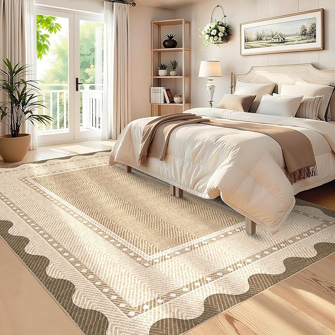 GarveeHome Modern Neutral 9x12 Area Rug Large Washable Rugs for Living Room, Low Pile Non Slip Stain-Resistant Soft Carpet, Contemporary Border Pattern Floor Mats for Home Decor, Linen Color