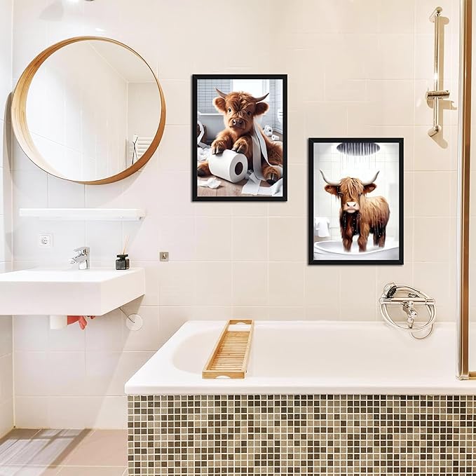 Highland Cow Bathroom Decor Set of 3, Funny Brown Cute Highland Cow Wall Art Paintings, Vintage Rustic Farmhouse Canvas Pictures Posters Prints for Bathroom, Restroom Black Wood Framed 12x16 Inch