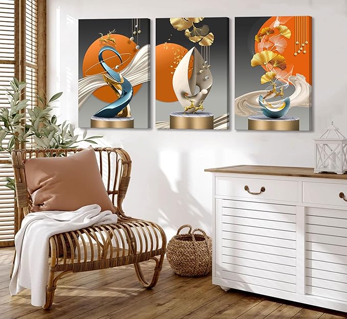 3pcs Modern Abstract Canvas Wall Art Golden Deer Ginkgo Leaf Luxury Foil Lines Wall Decor Pictures White Blue Orange Color Posters Prints Paintings for Living Room Bedroom Office Home Decoration