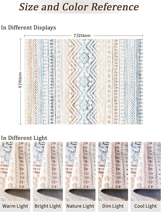 Miukiki 5x7 Area Rug for Living Room Moroccan Washable Rugs Non Slip Indoor Floor Carpet Foldable Large Soft Area Rug for Dining Room Bedroom with Low Pile(Colorful,5'x7')