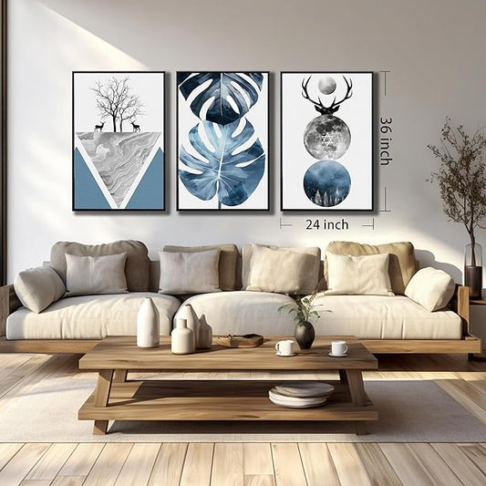 Boho Canvas Wall Art Set of 3 with Black Frame, Abstract Minimalismt Bohemian Deer & Tropical Leaf Pictures Prints Artwork Paintings Wall Decor for Bedroom Living Room Home Decoration 24x36 inches