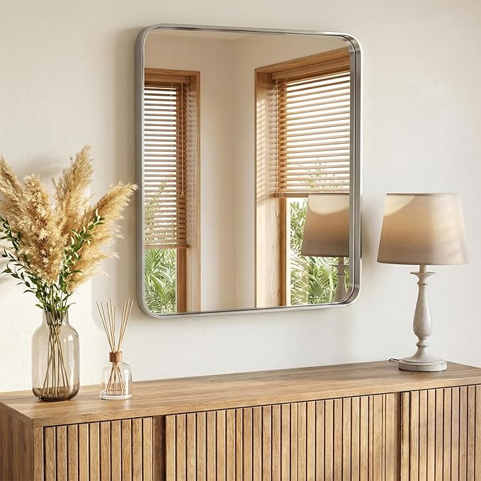 NEWBULIG 36X40 Inch Bathroom Mirror for Over Sink, Wall Vanity Mirrors Tempered Glass, Anti-Rust Metal Framed Rounded Rectangle, Hangs Horizontally or Vertically, Farmhouse Home Decor, Silvery