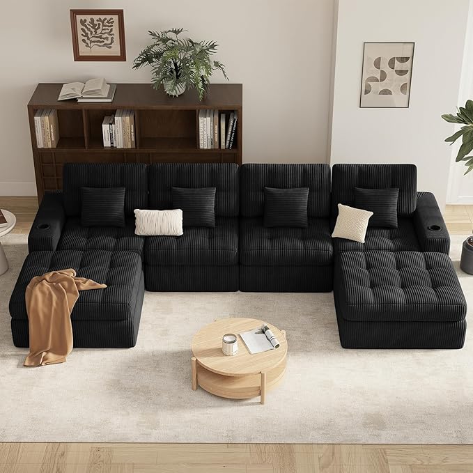 144" U Shaped Cloud Boneless Couch,Modern Modular Sectional Sofa with Layered Cushion,No Assembly Convertible Corduroy Couches for Living Room,Black 1 PCS