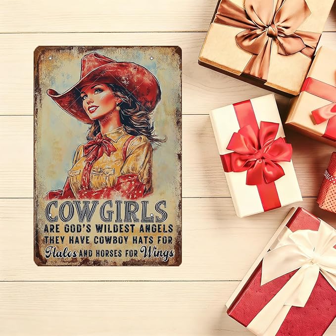 Cowgirl Sign Vintage Metal Tin Sign Cowgirl Are God's Wildest Angels They Have Cowboy Hats for Halos and Horse for Wings Teen Girls Room Decor Wall Art Print 16x12 Inch