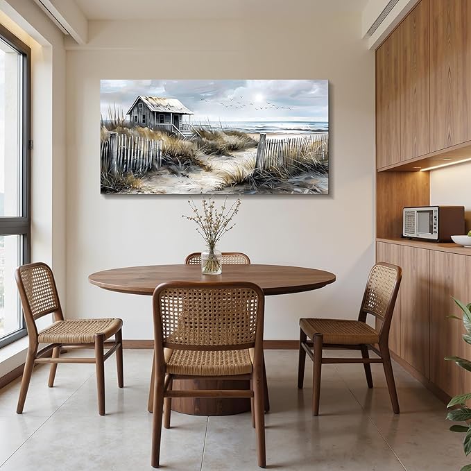 imjiayu Oversized Wall Art, Landscape Wall Art, Rustic Wall Decor, Retro Beach Log Cabin Art Prints, Nostalgic Extra Large Paintings for Living Room Dining Room Farmhouse Home Decoration 29"x57"