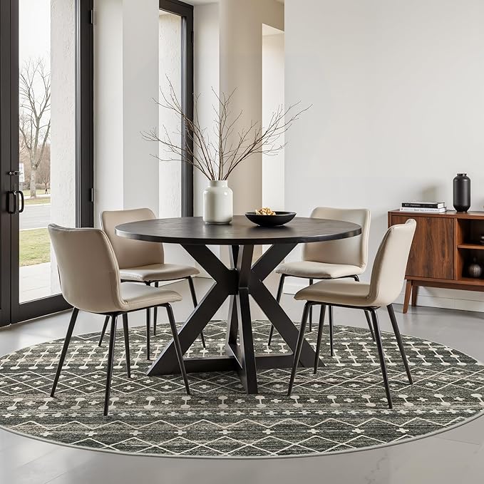 Miukiki Round Rugs 6ft for Living Room Moroccan Washable Circle Rug Non Slip Indoor Floor Carpet Foldable Area Rug for Dining Room with Low Pile(Black,6'x6')