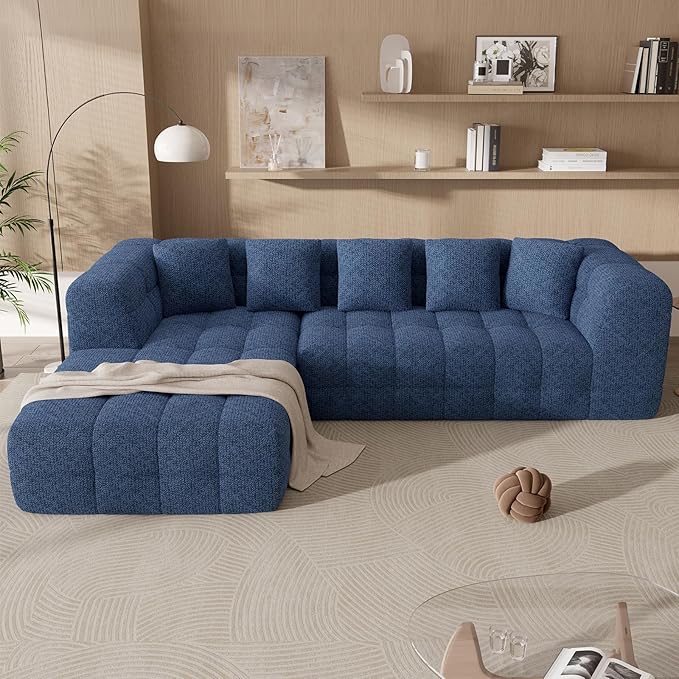 107" Modern Boneless Couch with L - Shaped Chaise, Comfy Chenille Modular Sectional Sofa with Tufted Design, Deep Seat Upholstered Sofa Bed, No - Assembly Sectional Couch, Blue