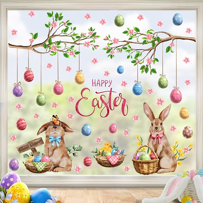 Happy Easter Window Clings Bunny Window Decorations Decals for Glass Double-Sided Removable Easter Egg Vinyl Static Sticker Spring Tree Branch Decals for Living Room Bedroom Office Holiday Supplies