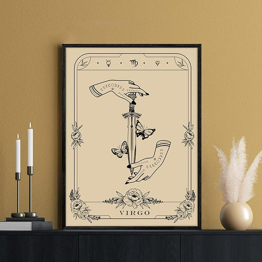 SERIMINO Witchy Framed Wall Art, Virgo Tarot Canvas Prints Paintings, Horoscope Dark Academia Home Decor Aesthetic, 16x24inch Gothic Wall Decor for Room