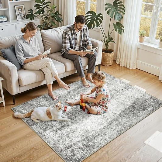 RELEANY Washable Area Rugs 4'x6' Non-Slip Modern Abstract Soft for Living Room Entryway Bedroom Nursery, Print Pattern, Gray White Grey
