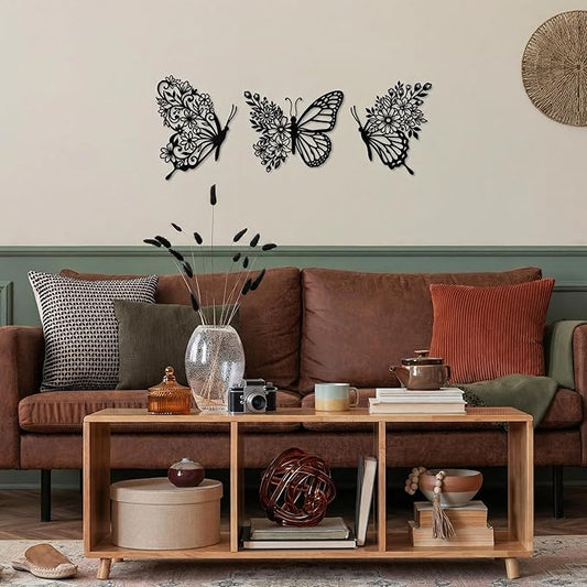 Sanwarm 3 Pieces Metal Wall Decor, Butterfly Floral Boho Metal Wall Art Flower Black Hanging Decoration for Home Bathroom Living Room Bedroom Garden Office Housewarming Gifts