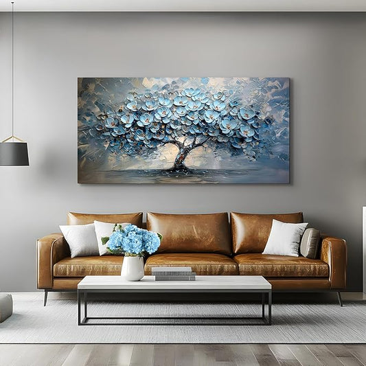 crmotu Tree of Life Large Wall Art for Living Room, Blue Floral Tree Abstract Canvas Prints Aesthetic Pictures, Modern Neutral Wall Decor for Bedroom Bathroom Office, Nature Botanical Decor 29"X57"