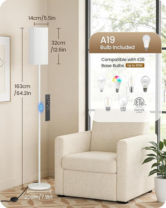 64.2'' Dimmable Floor Lamp for Living Room with Remote and Foot Switch, Corner Floor Lamp for Bedroom, Includes 10W A19 Bulb, Modern Standing Tall Lamp, ETL Listed, White WCW17LD05