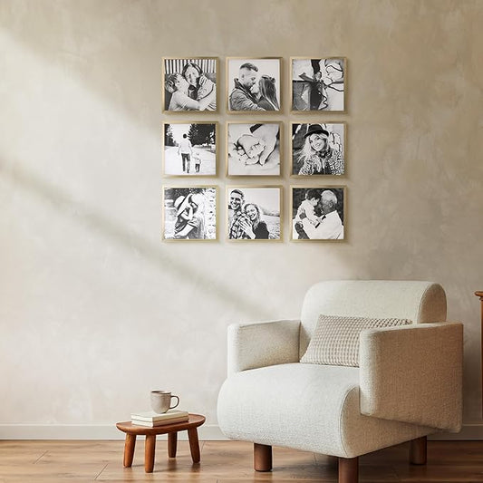 ArtbyHannah Photo Collage Frames for Wall, 8x8 Inch Square Picture Frame for Living Room or Staircase Decoration (Gold, 9 Pack)