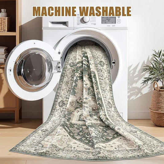 9x12 Area Rugs for Living Room - Large Carpet Ultra Thin Soft Washable Oriental Vintage Floral Distressed Rug Big Indoor Carpets for Bedroom Nursery Dorm Home Decor Aesthetic - Vintage Green