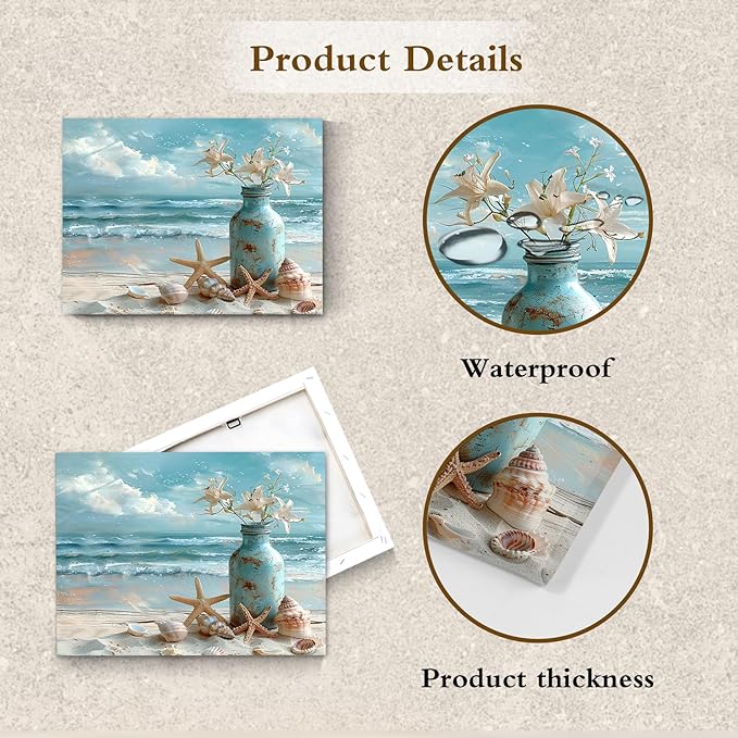 LB Beach Coastal Wall Art Starfish with White Flower in Vintage Vase on Teal Canvas Wall Art Beach Scene Canvas Wall Art Decor for Living Room Bedroom Bathroom Office Framed Ready to Hang 16L x 24W