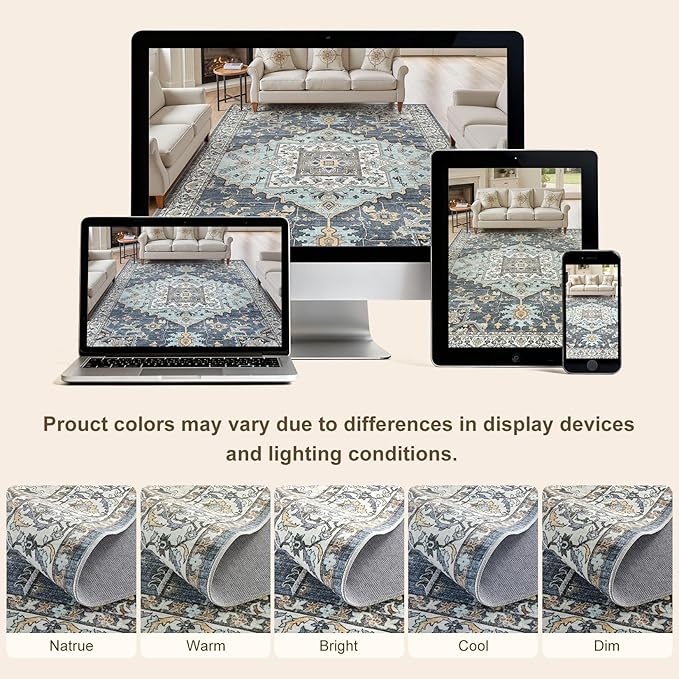 8x11 Washable Area Rugs for Living Room: Non Slip Vintage Blue Yellow Rug, Large Soft Stain Resistant Indoor Floor Carpets for Bedroom Dining Room Nursery Home Office Kid & Pet Friendly