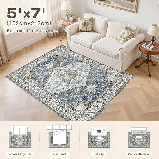 5x7 Washable Area Rugs for Living Room: Non Slip Vintage Blue Yellow Rug, Large Soft Stain Resistant Indoor Floor Carpets for Bedroom Dining Room Nursery Home Office Kid & Pet Friendly