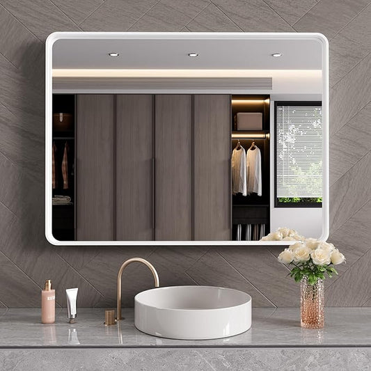 JISOSO White Bathroom Mirror 40x30 Inch, White Metal Framed Bathroom Mirror for Wall, Rounded Rectangle Matte Bathroom Vanity Mirror, Tempered Glass, Anti-Rust, Horizontal/Vertical