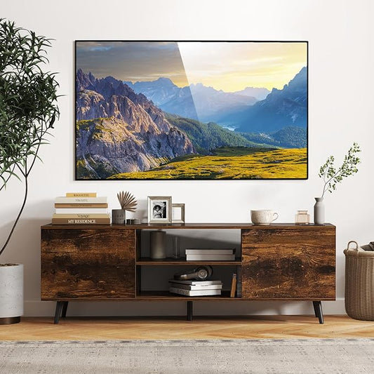 Tangkula TV Stand for 60" TVs, Entertain Center w/Power Outlets, Mid Century Modern Media Console Table w/Adjustable Shelf, 2 Cabinets & Metal Support Legs for Living Room Bedroom (Rustic Brown)