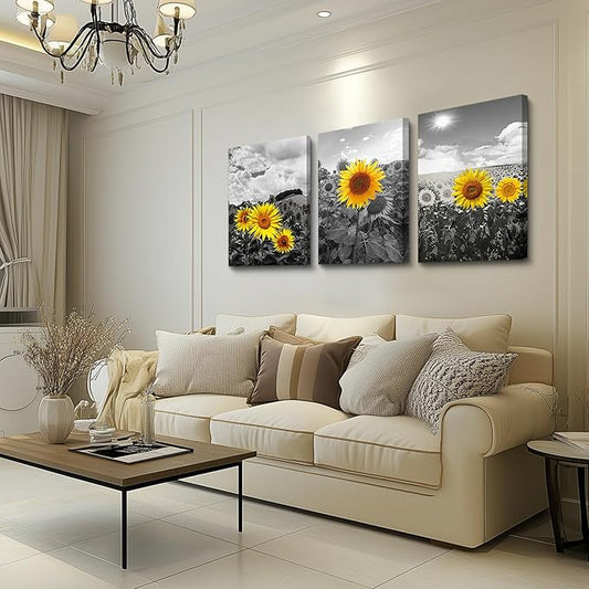 Large Size Canvas Wall Art For Living Room Family Bedroom Wall Painting Decoration,Bathroom Wall Decor Kitchen Home Decoration Black And White Sunflower Flowerswall Pictures Artwork,20x28 3 Piece