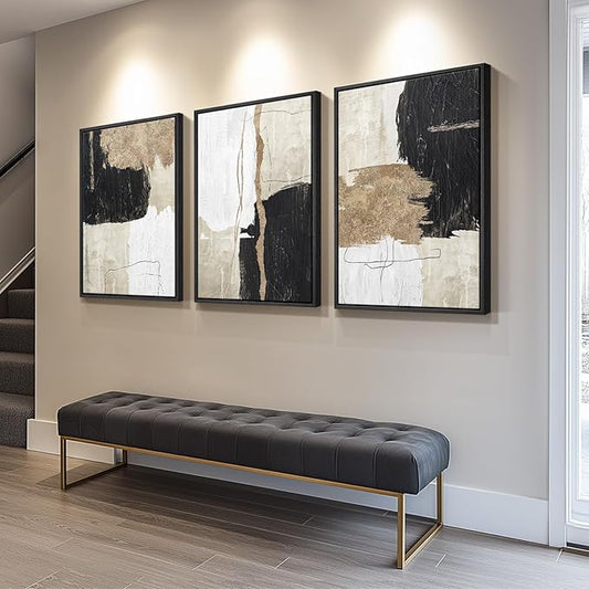 Framed Black and White Abstract Wall Art for Living Room, Large Gold 3 Piece Modern Canvas Prints Artwork for Walls, Black White and Gold Minimalist Paintings for Hallway Office Wall Decor, 24x36 Inch
