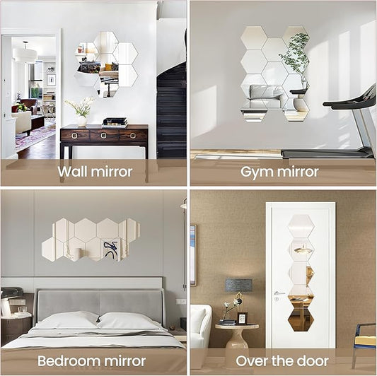 LXCREAT Hexagon Self Adhesive Stick on Mirror for Wall, Small Unbreakable Acrylic Mirrors Tiles 11.8x11.8 Inch 10PCS, Flexible Full Length Peel and Stick Mirror for Bathroom Gym Home Door Decor