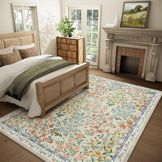 Washable Area Rugs for Living Room: 9x12 Area Rug for Bedroom Vintage Stain Resistant Non Slip Low Pile Lightweight Soft Carpet for Kitchen Dining Room Farmhouse Kids Room Nursery