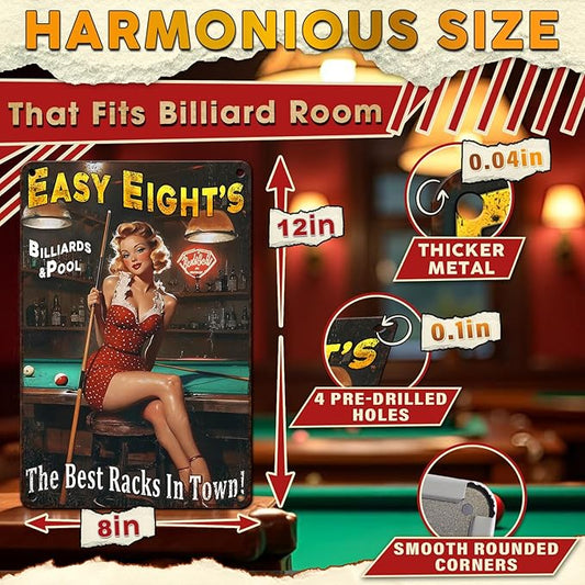 Metal Tin Sign Pin Up Girl Funny Wall Decor Easy Eight‘s Billiard Vintage Room Wall Art Poster for Bar Man Cave Garage Club Decor 8x12 Inch
