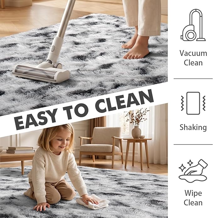 8x10 Ft Extra Large Shag Rugs for Living Room, Tie Dyed Ultra Soft Fluffy Furry Area Rugs for Bedroom Indoor Floor, Aesthetic Carpet for Kids Home Decor Black White