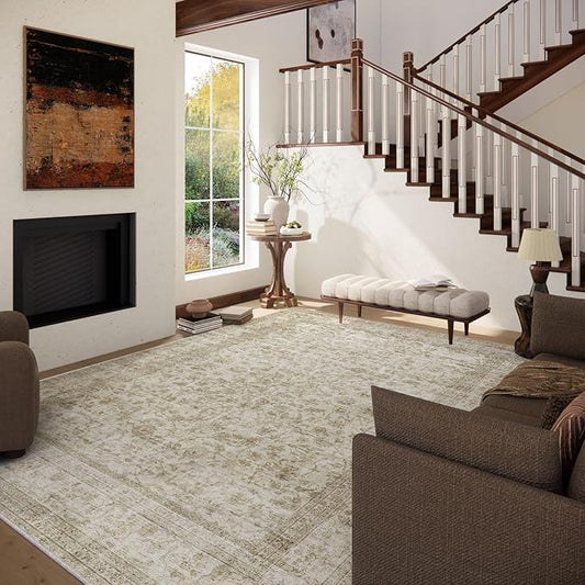 10x14 Area Rug Washable Rugs: Large Living Room Rug Stain Resistant Non Slip Distressed Vintage Low Pile Faux Wool Soft Carpet for Bedroom Farmhouse Dining Room Kids Playroom Nursery