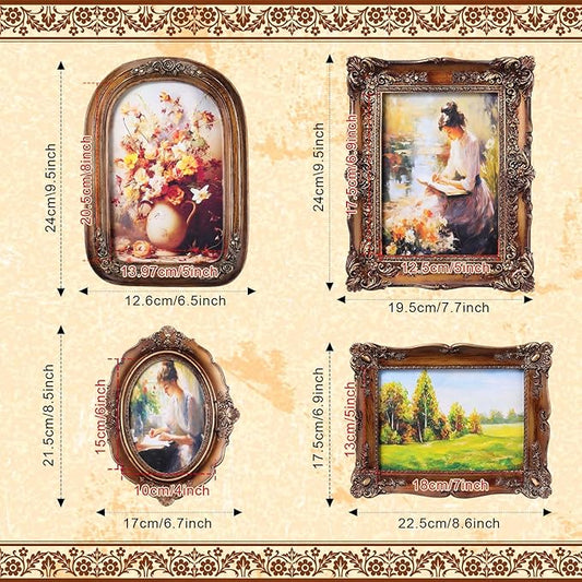 Geetery 4 Pcs Vintage Picture Frames Set, Bronze Ornate Baroque Frames for Gallery Wall, Antique Victorian Decorative Photo Frame for Tabletop or Wall Display, Shabby Cottagecore Home Decor