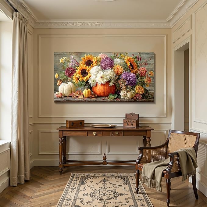 imjiayu Floral Wall Art, Oversized Wall Art, Large Wall Decor, Sunflower Dahlia Painting Art Prints, Autumn Pumpkins Harvest Rustic Pictures for Living Room Dining Room Farmhouse Decorations 29"x57"