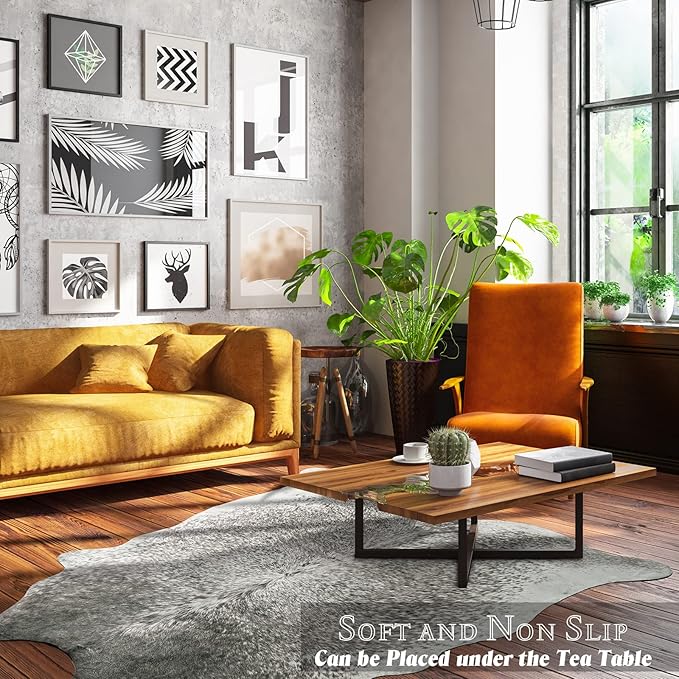 Faux Cowhide Rug for Living Room, 4.6 x 5.2 Feet Grey, Cow Print Skins Rug for Bedroom, Premium Faux Fur Animal Cow Hide Rugs Carpet for Western Decor