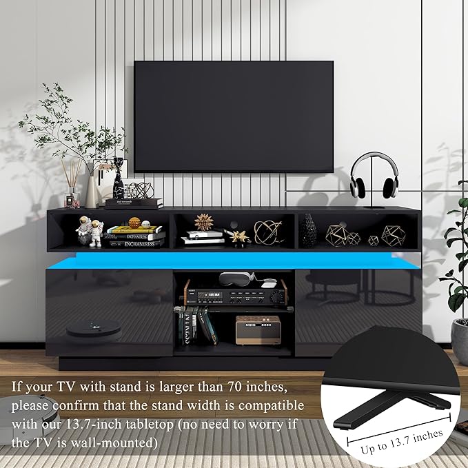 chartustriable LED TV Stand for 75 Inch TV, Modern Tall Entertainment Center with Power Outlets, High Gloss TV Stand, Gaming TV Media Console with Glass Shelf for Living Room, 63 Inch, Black