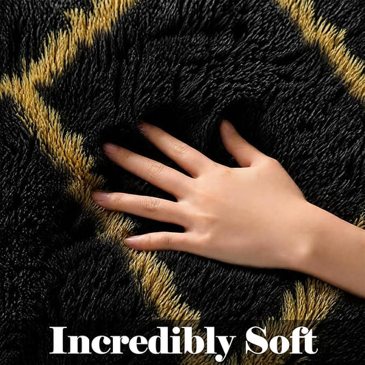 ONASAR 6x9 Area Rugs for Living Room Bedroom, Large Fluffy Black and Gold Throw Rug, Geometric Soft Plush Shaggy Fuzzy Floor Carpet for Nursery Kids Girls Boys Teen Dorm Home Office Decor