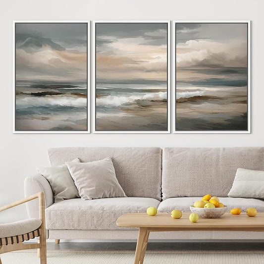 SIGNLEADER Framed Canvas Print Wall Art Set Coastal Ocean Waves Neutral Seascape Abstract Illustrations Modern Art Boho Decorative for Living Room, Bedroom, Office - 16"x24"x3 WHITE