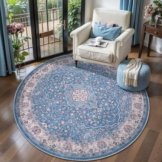 Tangsoo Vintage 4ft Round Area Rug,Washable Circle Rug Small Round Rug Soft Blue Beige Low-Pile Boho Circular Carpet for Bedroom Entryway Office Living Room