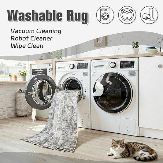 Area Rug 5x7 Living Room Rug Washable: No-Slip Abstract Soft Thin Large Brown White Hazy Blue Rugs, Indoor Floor Stain Resistant Modern Carpet for Bedroom Dining Room Farmhouse Nursery Home Office