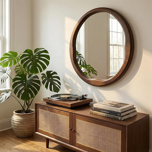 Round Dark Wood Mirror 30 Inch, Large Solid Wood Framed Wall Mirror with Asymmetrical Wavy Inner Edge for Living Room, Fireplace & Dining Room Decor