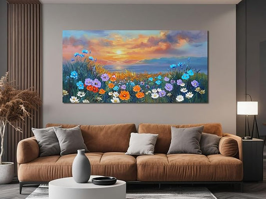 Ardemy Landscape Wall Art for Living Room Sunset Flower Large 40"x20", Canvas Art Wall Decor Textured Bedroom Floral Painting Artwork Home Office Dining Room
