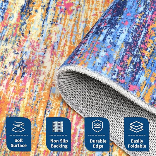 ROYHOME Modern Abstract Living Room Rug 10x13, Machine Washable Large Carpet, Non Slip Low Pile Throw Rug, Ultra Soft Indoor Floor Carpet for Bedroom Dining Room Table Home Decor, Blue/Orange