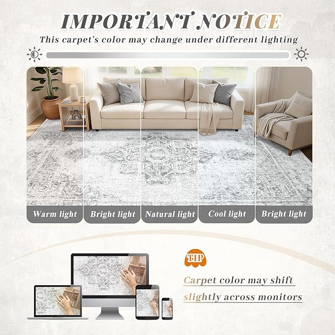 8x10 Area Rugs for Living Room, Washable Vintage Boho Medallion Rug Non Slip Low Pile Floor Carpet for Bedroom Dining Room Home Office (Grey, 8'x10')