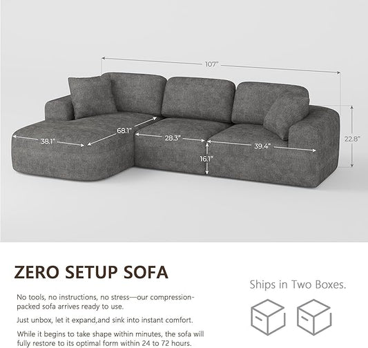 Dowinx 107'' Modular Sectional Sofa Couch with Chaise, No Assembly Required, Modern Bouclé-Inspired Upholstery, Convertible L-Shaped Design for Living Room – Charcoal Grey