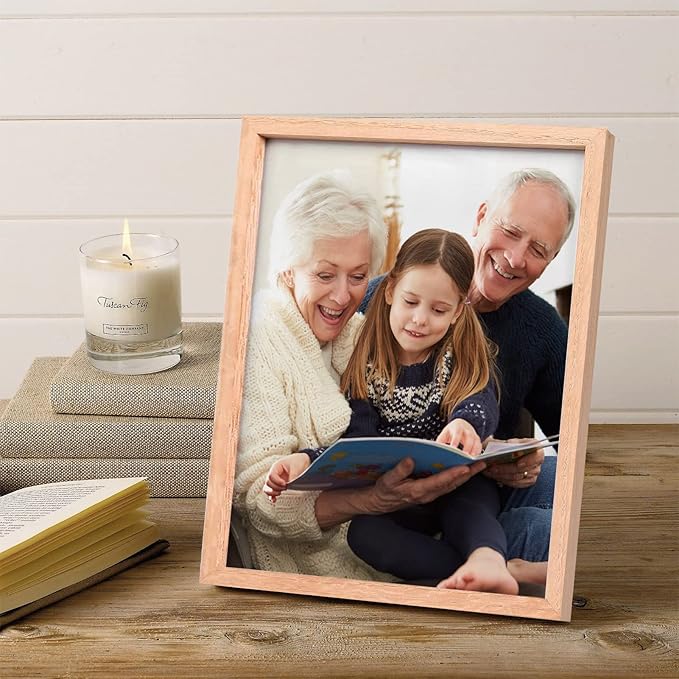 8x10 Picture Frame, OAK Wood Photo Frame 5x7 with Mat or 8x10 without Mat with Perspex Glass for Vertical or Horizontal Tabletop Wall Display for Photos, Paintings, Birthday Christmas Gift, Set of 4